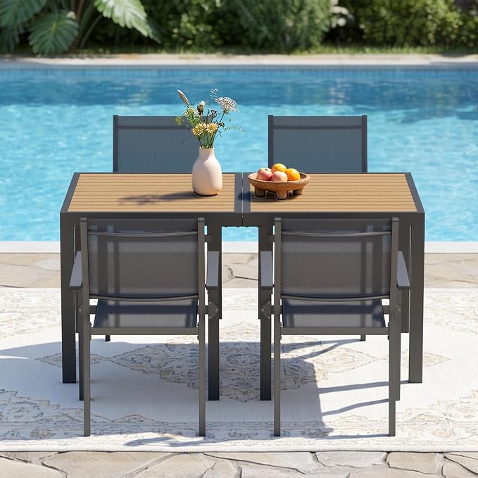 FansaFurn Patio Table and Chairs Set for 4, Outdoor Patio Furniture Set with Metal Textilene Chairs and Aluminum Table, All-Weather Outdoor Dining Set with HDPS Rectangular Tabletop for Patio Porch