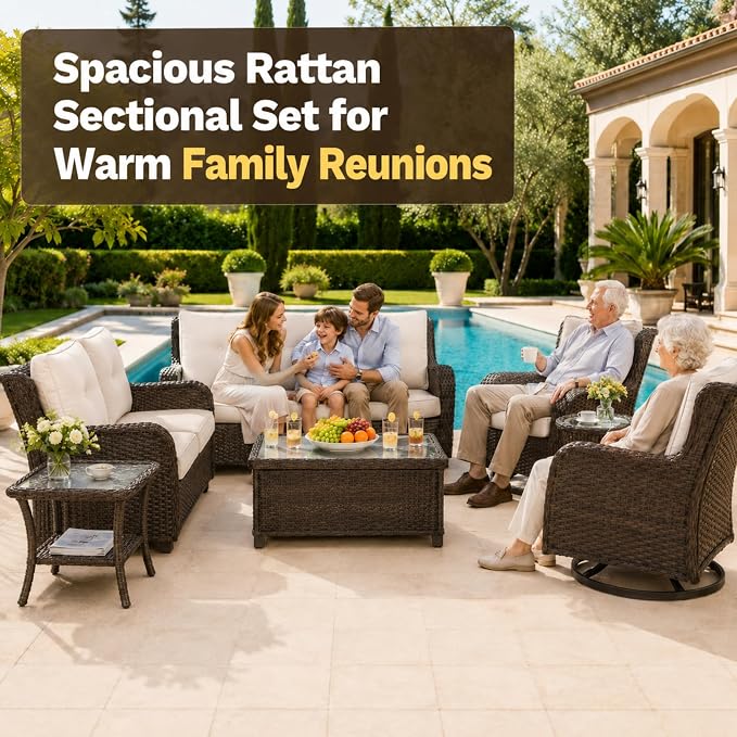 HUMMUH 3-Piece Swivel Rocking Rattan Chair Outdoor, Patio Bistro Furniture Conversation Set, Cushioned Wicker Chair with Glass Coffee Table (Brown, Beige)