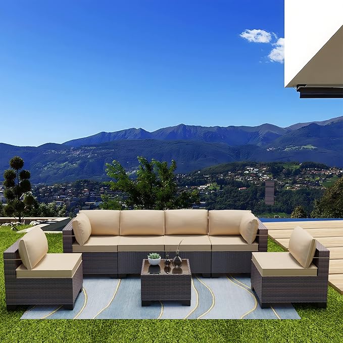Kullavik 7 Pieces Outdoor Patio Furniture Set,Sectional Rattan Sofa Set Brown PE Rattan Wicker Patio Conversation Set with Tempered Glass Coffee Table and Washable Cushions Covers,Sand