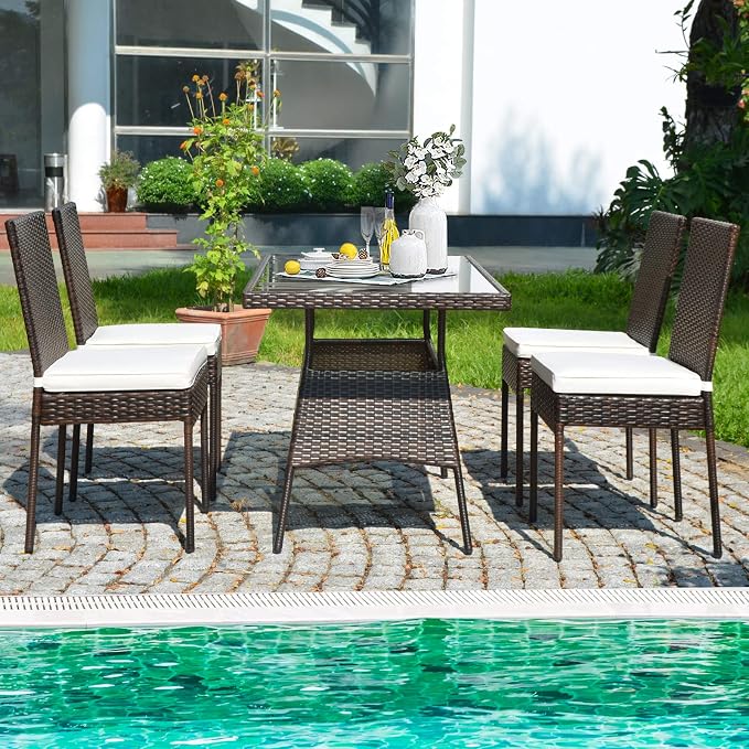 5 Pieces Patio Wicker Dining Set Outdoor Furniture, Outdoor Rattan Table and Chairs with Tempered Glass Table-top & Padded Cushions, Patio Furniture Sets for Backyard, Balcony(Brown)