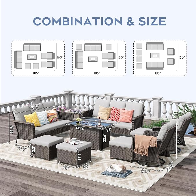 12 Seats Outdoor Patio Furniture Set with Fire Pit Table, High Back Swivel Chairs Conversation Sets With Ergonomic Backrest, Wicker Sectional Sofa with Gilder Chair for Yard Garden Porch, Beige