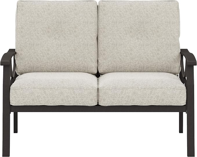 RoyalCraft Patio Loveseat, All-Weather Outdoor 2 Seats Sofa Couch, Khaki Metal Furniture with Beige Cushions
