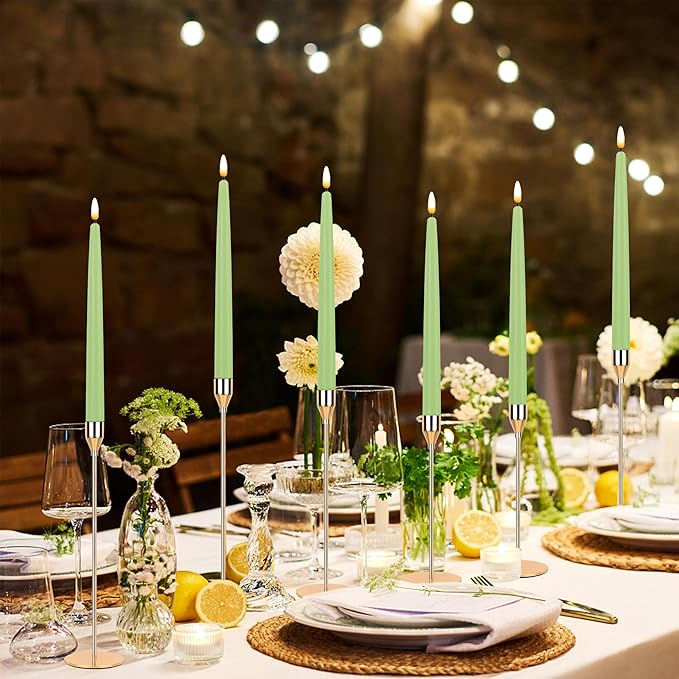 CVHOMEDECO. Flameless Taper Candles with 10-Key Remote, Battery Operated Led Flickering 3D Wick Window Candles Real Wax Finished Home Christmas Party Decor 0.78 x 11 Inch, Pack of 2, Light Green