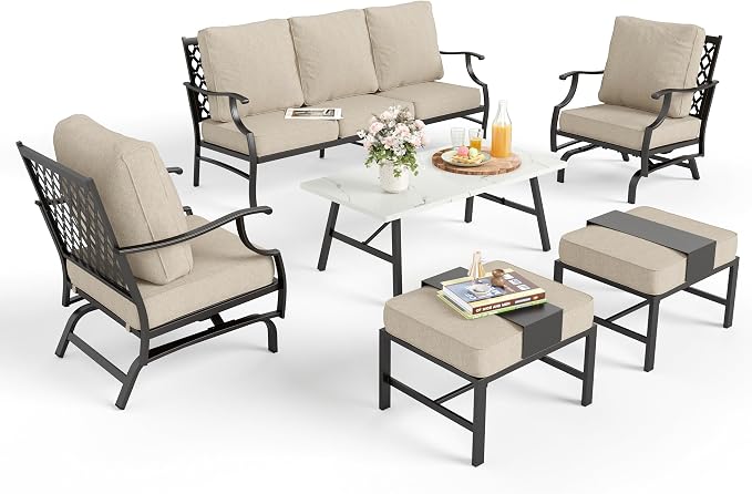 MIXPATIO Patio Furniture Set 6 pcs, Outdoor Patio Furniture, 3-Seat Sofa, 2 Rocking Chairs, 2 Ottomans, Coffee Table and 5.75" Extra Thick Cushion, Patio Conversation Set for Backyard Deck,Beige