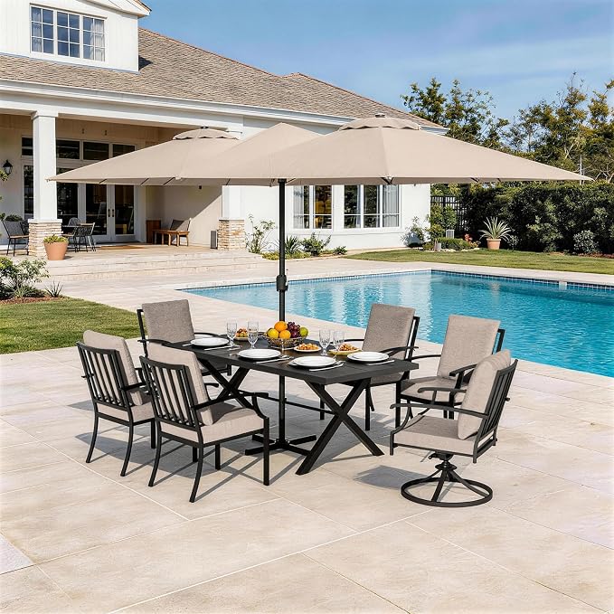8 Pieces Patio Dining Set with Brown Umbrella,Outdoor Furniture Set Includes Hole Cut-Out Table and 4 Metal Backrest Chairs and 2 Swivel Chairs for Backyard,Garden,Poolside,Brown