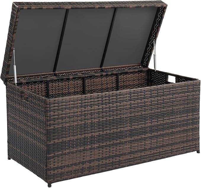 Outdoor Deck Box,Outdoor Wicker Patio Furniture Deck Storage Box,Rattan Pool Storage Box with Lid, Garden Deck Bin Storage Bench Deck Box for Garden, Backyard, Pool (Brown)