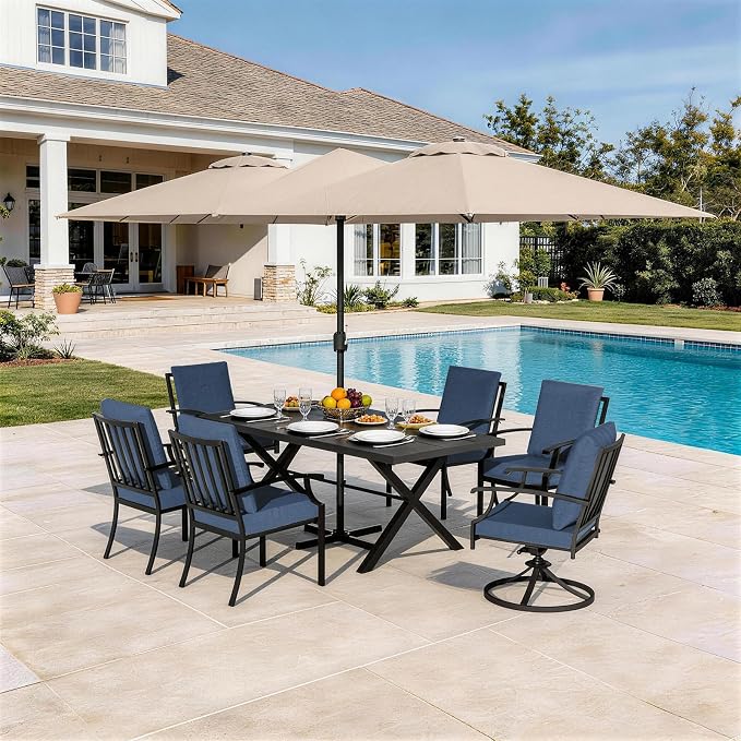 8 Pieces Patio Dining Set with Brown Umbrella,Outdoor Furniture Set Includes Hole Cut-Out Table and 4 Metal Backrest Chairs and 2 Swivel Chairs for Backyard,Garden,Poolside,Brown