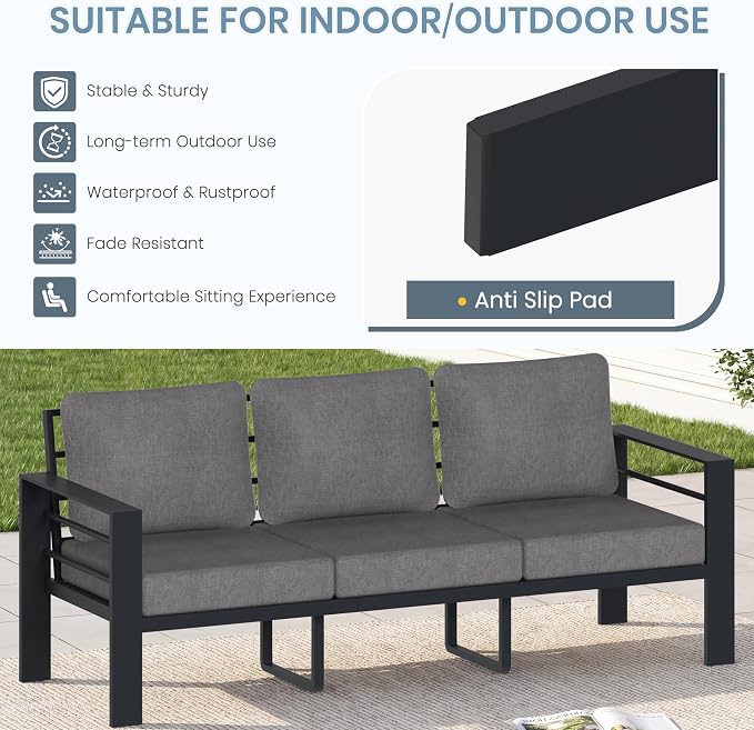 3-Seater Outdoor Patio Sofa, Metal Outdoor Couch with 3.54” Wide Seat and Thick Cushions, Modern Heavy Duty Patio Furniture for Backyard, Garden and Deck