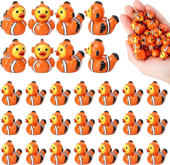 30 Pcs Clownfish Ducks, Mini Clownfish Resin Ducks Bulk | Fun Printed Toy Figures for Birthday Party Favors, Themed Decor, Kids Gift Collection (Clownfish)