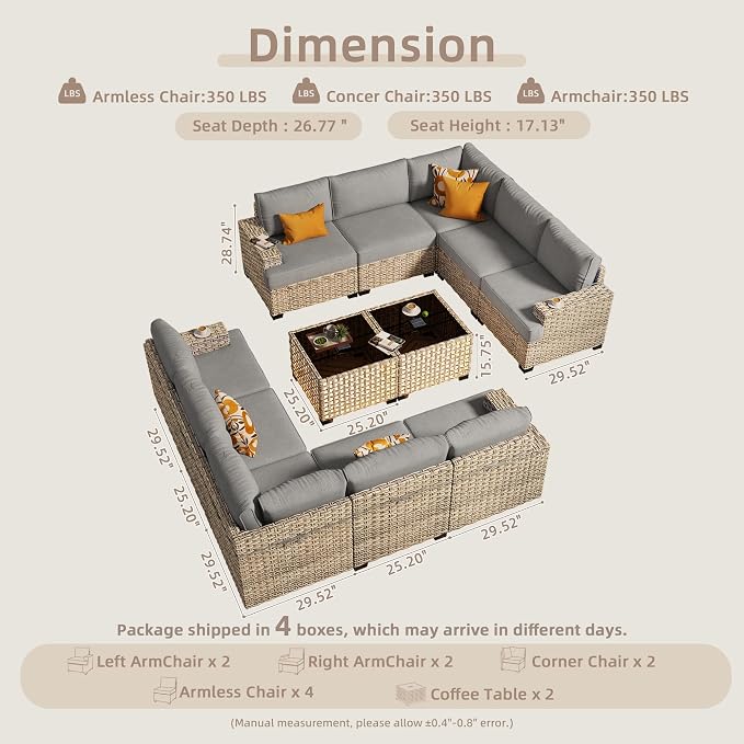 CAODOC Patio Furniture Sets 12 Pieces Outdoor Sectional Rattan Sofa Manual Weaving Wicker Patio Conversation Set with Ottomans and T Cushion(Dark Gray)