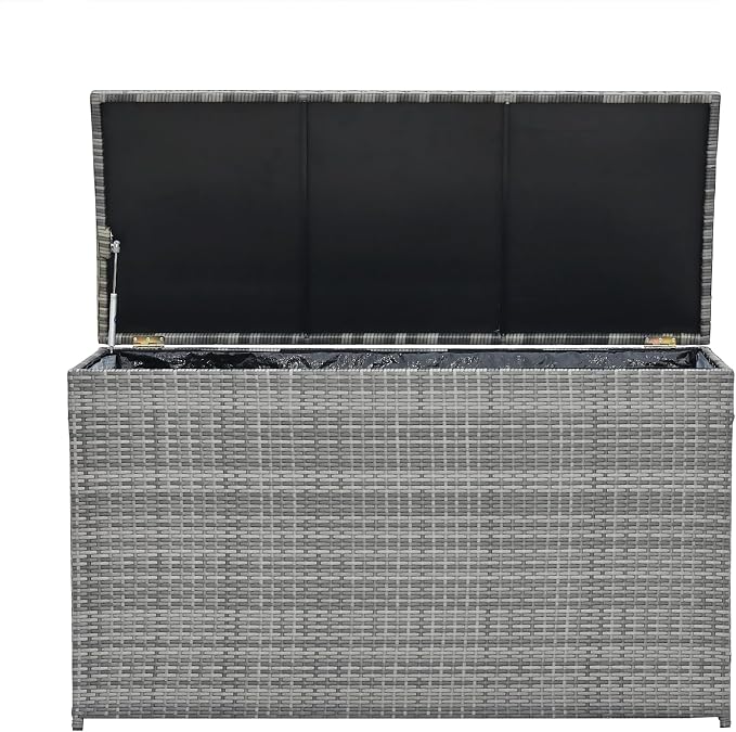 Teamson Home 154 Gallon Lined Weather Resistant Outdoor Rattan Wicker Patio Deck Storage Box with Soft Close Hinges for Patio Furniture Cushions or Pool Accessories, Gray