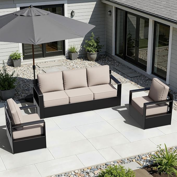 Outdoor Aluminum Furniture Set, 3-Piece Patio Conversation Set, 2 Chairs and 1 Sofa, All-Weather Metal Frame, 6" Thick Removable Cushions, Deep Setting for Garden, Poolside and Porch