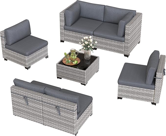 6-Piece Outdoor Patio Furniture Set, All-Weather Wicker Sectional Sofa with Deep Seating 4” Cushions, Heavy-Duty Steel Frame, Modular Rattan Couch for Backyard, Deck & Garden, Black