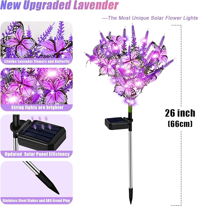 NBQQ Solar Garden Lights Outdoor 2 Pack Lavender Butterfly Lights, Solar Artificial Flower Outdoor Waterproof Decoration Gardening Gifts for Women, Yard Patio Pathway Lawn Courtyard Decoration
