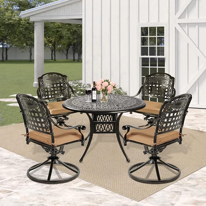 5 Piece Patio Dining Set, Outdoor Table and Chairs Set for 4 Cushioned Swivel Rocking Chairs and 35.4'' Round Table, All-Weather Cast Aluminum Patio Funiture Set, 2'' Umbrella Hole