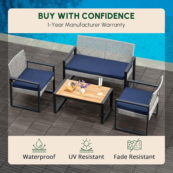 BEEFURNI Wicker Patio Furniture Outdoor Conversation Set of 4, Rattan Outdoor Furniture Set, Acacia Wood Table, 2 Chairs, 1 Loveseat, 2β Cushions, All Weather Set for Patio, Porch, Balcony (Gray)