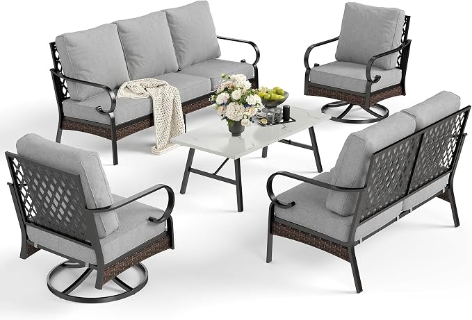 SUNSHINE VALLEY 5 Piece Metal Outdoor Patio Furniture Set, Patio Conversation Sets 1 3-Seater Sofa, 2-Seater Sofa, 2 Swivel Sofa with 5.75" Cushion & Coffee Table Black Backyard Furniture, Light Gray