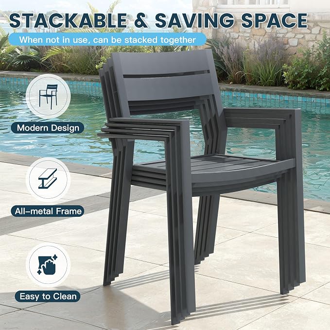 VICLLAX Patio 5 Pieces Outdoor Dining Set for 4, Wrought Iron Metal Outdoor Table and Chairs Set, 38" Square Table with Umbrella Hole and 4 Stackable Chairs for Lawn, Garden, Porch, Dark Grey/Grey