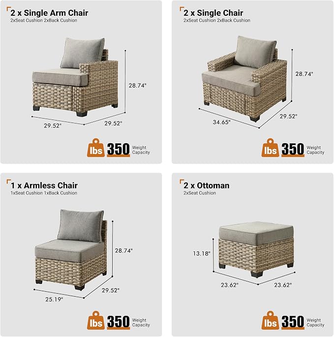 ovios 7 Piece Patio Sectional Furniture, Rattan Wicker Coversation Couch Set, Outdoor Sofa Set for Outside Porch Balcony Backyard Pool,Dark Grey