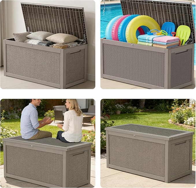 320 Gallon Outdoor Storage Box Resin Deck Box All Weather Waterproof Large Lockable Storage Container Deck Box for Patio Furniture, Garden Tools, Lockable, Gray