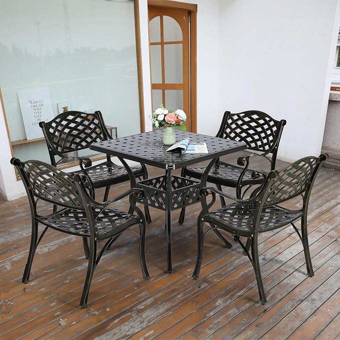 VIVIJASON 5-Piece Outdoor Patio Dining Set, All-Weather Cast Aluminum Conversation Set, Patio Furniture Set for Balcony Lawn Garden Backyard, Include 4 Chairs, a 30.5” Square Table with Umbrella Hole