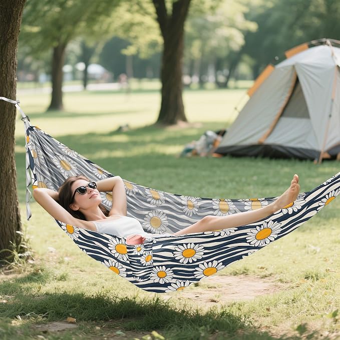 Camping Hammock Outdoor Hammocks for Outside Black White Striped Daisy Beach Trees Portable Lightweight with Pockets Tree Straps Indoor