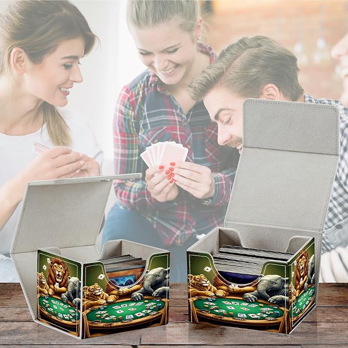 Card Deck Box for MTG, Cards Storage Box Fits 120+ Sleeved, Leather Small Size Strong Magnetic Closing Card Case for Board Games Magic TCG CCG Baseball Collection, Elephant Lion