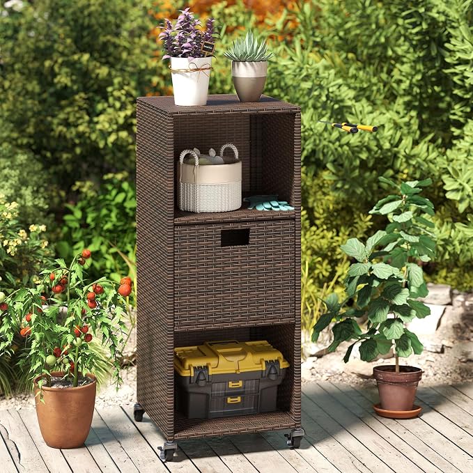 RELAX4LIFE Wicker Outdoor Storage Cabinet - Rattan Pool Towel Rack on Wheels w/Shelves and Drawer, Tall Patio Furniture Outside Caddy Organizer for Porch Deck, Garden Tool & Hot Tub Accessory Storage