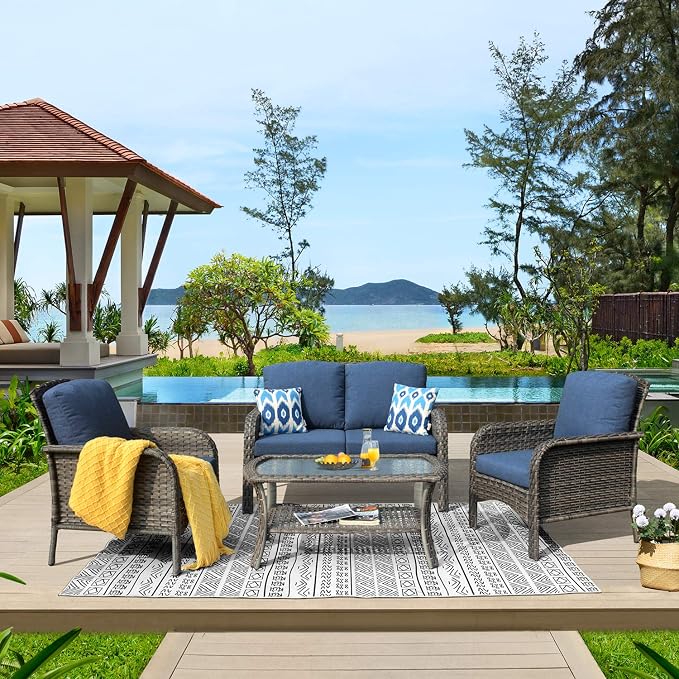 ovios 4-Piece Patio Furniture Set, Outdoor Wicker Sofa with Chairs Coffee Table, High Back Rattan Couch Loveseat with Comfy Cushions for Porch Yard Deck, Denim Blue