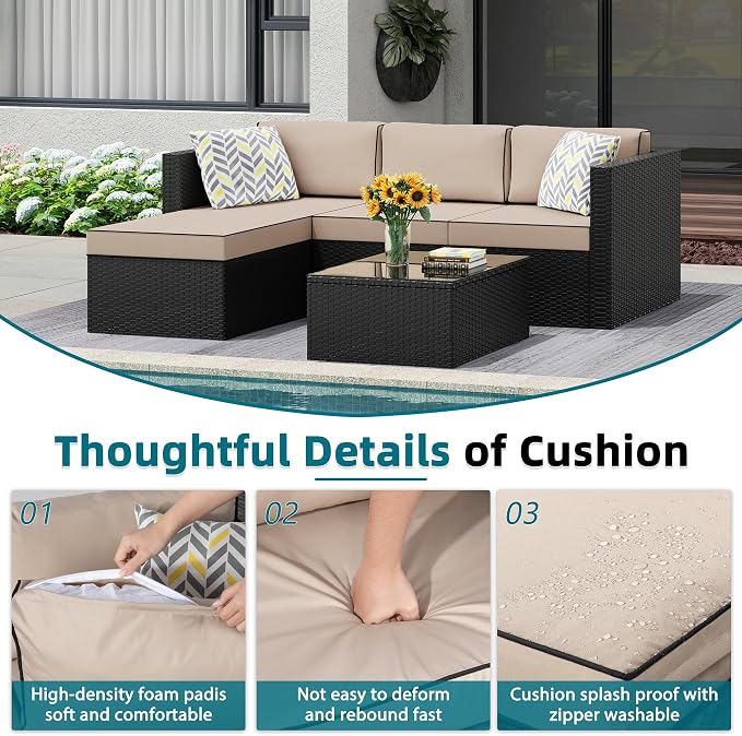 SUNLEI Patio Furniture Set with Detachable Soft Cushions, Outdoor PE Rattan Patio Conversation Sofa Set, 3-Piece Patio Sectional Sofa with Glass Coffee Table,Black Rattan/Khaki