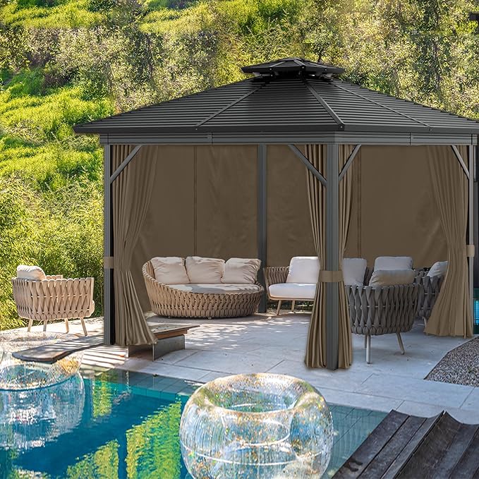 Gazebo Curtains 10'x10' Outdoor Waterproof, 4-Panels Sidewall Curtains Universal Replacement with Zipper for Patio, Backyard, Garden (Brown, 10'x10')
