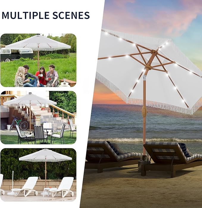 GDY 7.5ft Tassel Patio Umbrella and Matching Base, Outdoor Table Umbrella with 18 LED Lights,Market Umbrella with 6 Sturdy Ribs, with Push Button Tilt and Crank, Bright White