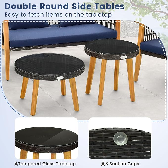 Tangkula 5 Piece Outdoor Conversation Set, Patiojoy Rattan Chair Set with 2 Coffee Tables, Stable Acacia Wood Frame, Cozy Seat & Back Cushions, Patio Wicker Furniture Set for Backyard, Poolside (Navy)