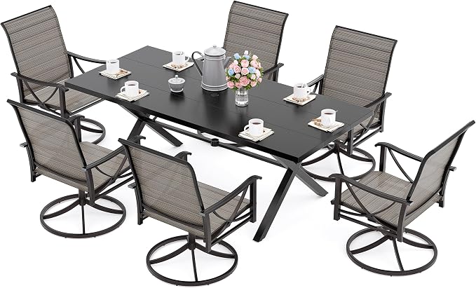 Kurapika 7-Piece Patio Dining Set, Patio Furniture Set for 6, Outdoor Large Metal Table with Umbrella Hole and Textilene Swivel/Rocking Chairs, for Garden, Deck, Porch, Pool All Weather, Brown