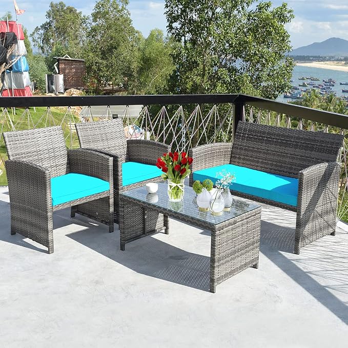 Outdoor Conversation Set, 8 Pieces Wicker Patio Furniture Set with Ergonomic Curved Design, Water-Resistant Cushion & Tempered Glass Table for Porch,Balcony(Turquoise)