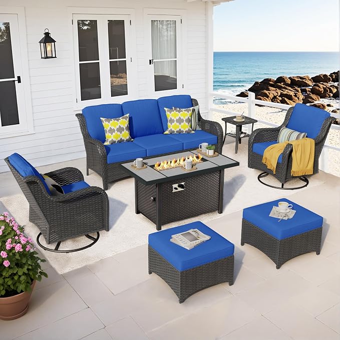 ovios 7 Pieces Patio Furniture Set with 42 inch Fire Pit Table, Outdoor Wicker Sofa Couch Swivel Rocking Glider Chairs, Modern Luxury Conversation Set, Brown Wicker, Navy Blue