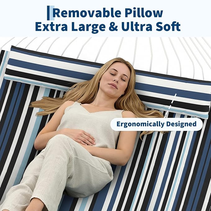 Garvee 2 Person Outdoor Hammock with Stand, Cotton Rope Hammock with Polyester Pad, Arc-Shaped Adjustable Steel Frame, 2-in-1 Hammock for Patio, Backyard, Garden, Beach (Dark and Light Blue Stripes)