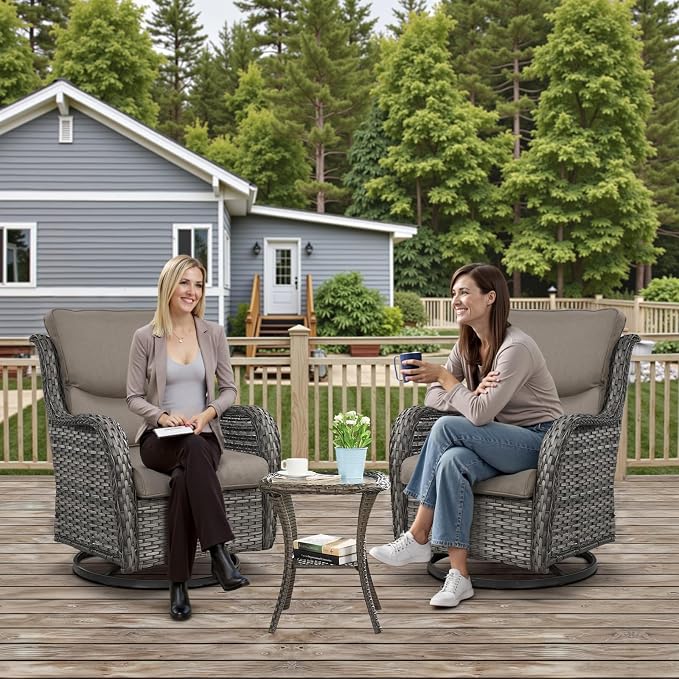 Outdoor Swivel Rocker Patio Chairs with 5" Thick Cushion - 3 Piece Wicker Bistro Set with Side Table, High Back Comfty Outdoor Glider Chairs for Balcony, Porch, Deck, Poolside - Gray/Gray