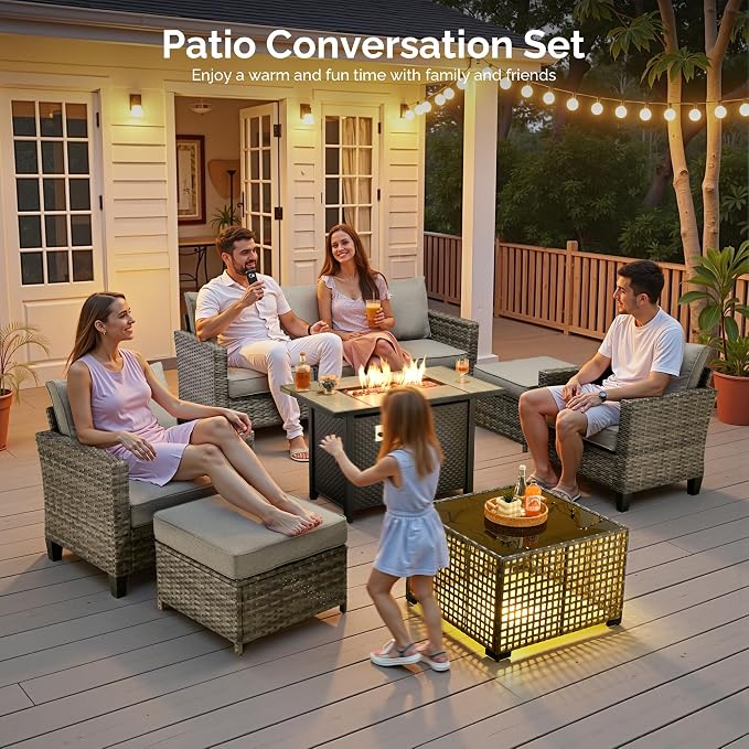 7 Piece Wicker Patio Furniture Set with Firepit Table, Dark Gray | Outdoor Deep Seating Sofa Chair Ottoman, Firepit, Solar Lights Table, Modern Conversation Set, Porch Deck Backyard