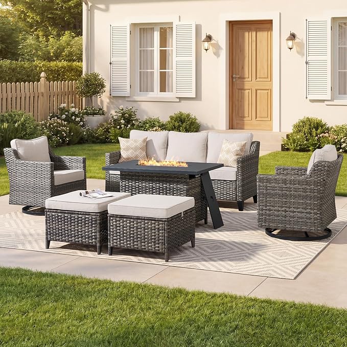 Outdoor Furniture Set of 6, Patio Sofa with Luxury 4" Cushion, Wicker Swivel Rocker Patio Chairs, and Fire Pit Table, High Back&Deep Seat for Garden Deck Porch Balcony Backyard - Beige