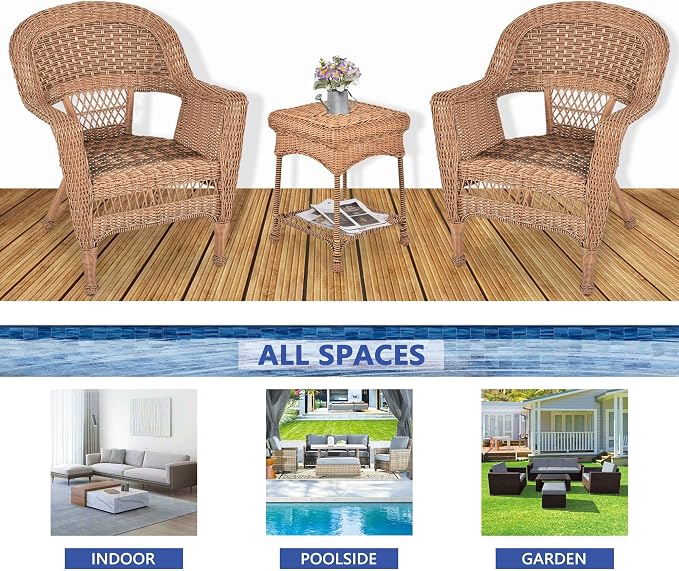 Jeco 3 Piece Wicker Chair and End Table Set without Cushion, Honey