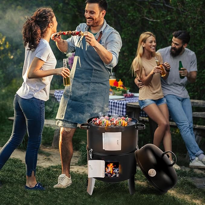 Vertical 18.5" Barbecue Charcoal Smoker, Heavy Duty 3-in-1 Portable Outdoor BBQ Grill Cooker with Built-in Thermometer for Outdoor Backyard Cooking Grilling Camping