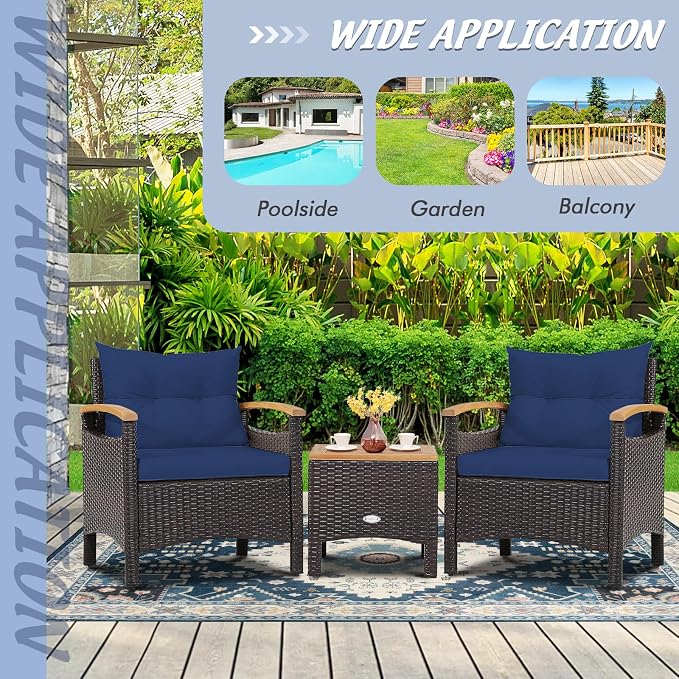 Tangkula 3-Piece Patio Furniture Set, Patiojoy Outdoor Rattan Sofa Set with Coffee Table, Patio Conversation Set with Removable Cushion, Cozy Acacia Wood Armrests for Backyard, Poolside (Navy)