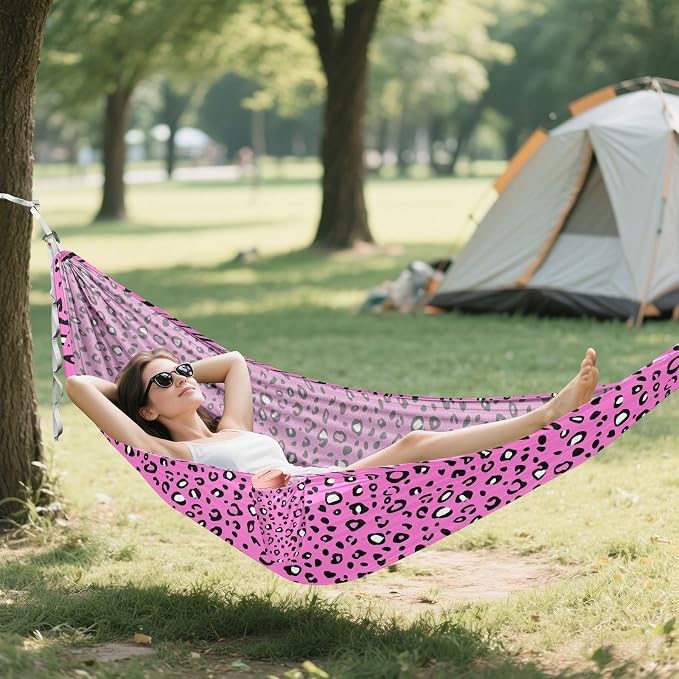Camping Hammock Outdoor Hammocks for Outside Pink_Leopard Beach Trees Portable Lightweight with Pockets Tree Straps Indoor