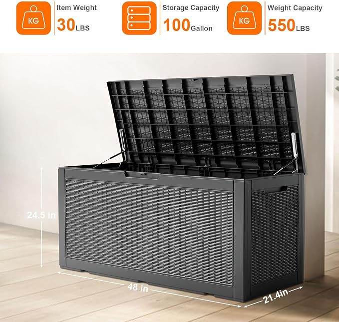 125 Gallon Outdoor Storage Box, Large Waterproof UV Resistant Deck Box, Lockable Storage Container for Patio Furniture Cushions Garden Tools and Pool Accessories(Black, 125 Gallon)