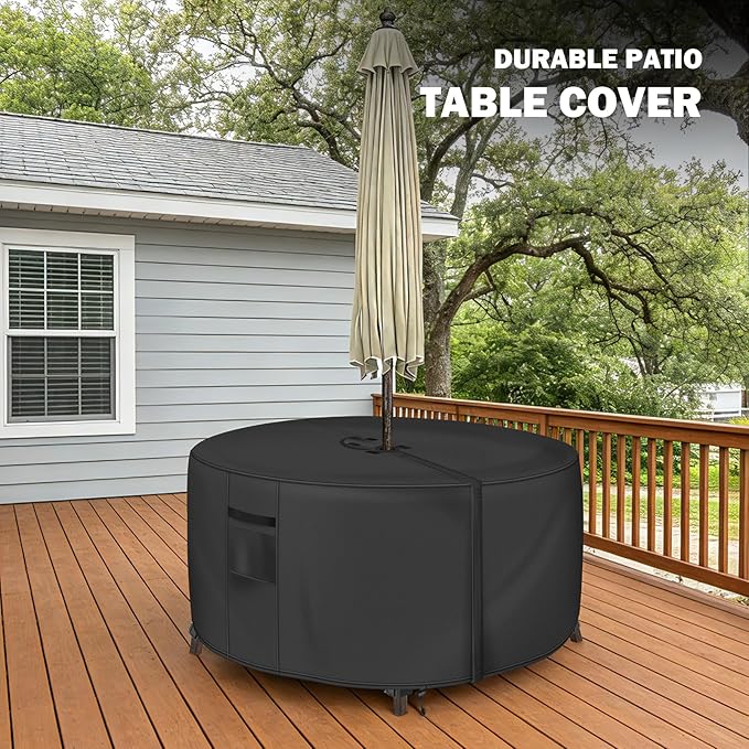 Round Patio Table Cover with Umbrella Hole - 50"DIA x 23"H (COVER SIZE,NOT TABLE SIZE) Heavy Duty Waterproof 600D Oxford Fabric Outdoor Lawn Patio Furniture Covers