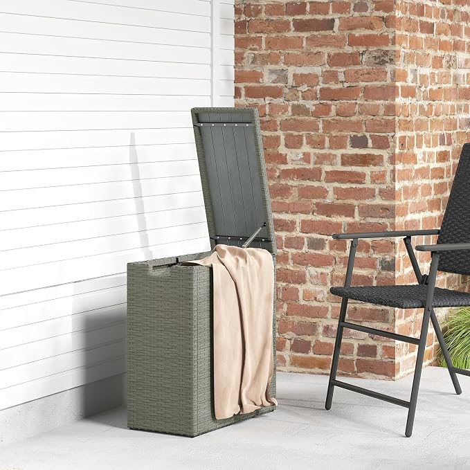 Outsunny 17 Gallon Wicker Small Deck Box, PE Rattan Outdoor Storage Box with Slatted Acacia Wood Flip Top for Indoor, Patio Furniture Cushions, Pool Supplies, Garden Tools, UV Resistant, Gray