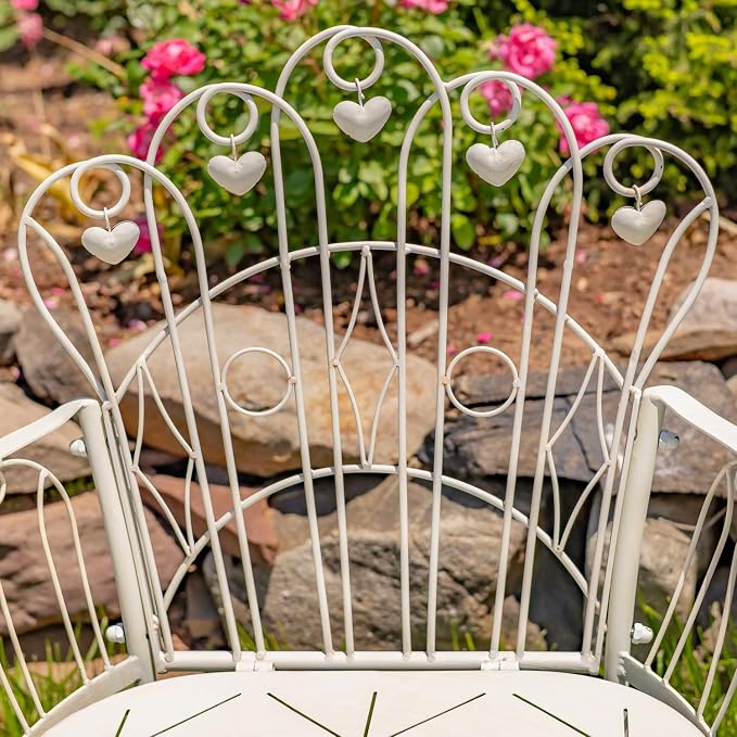 Zaer Ltd. Vintage Style Metal Patio Furniture with Heart Design Accents, Outdoor/Indoor Decor (Distressed White, Arm Chair)
