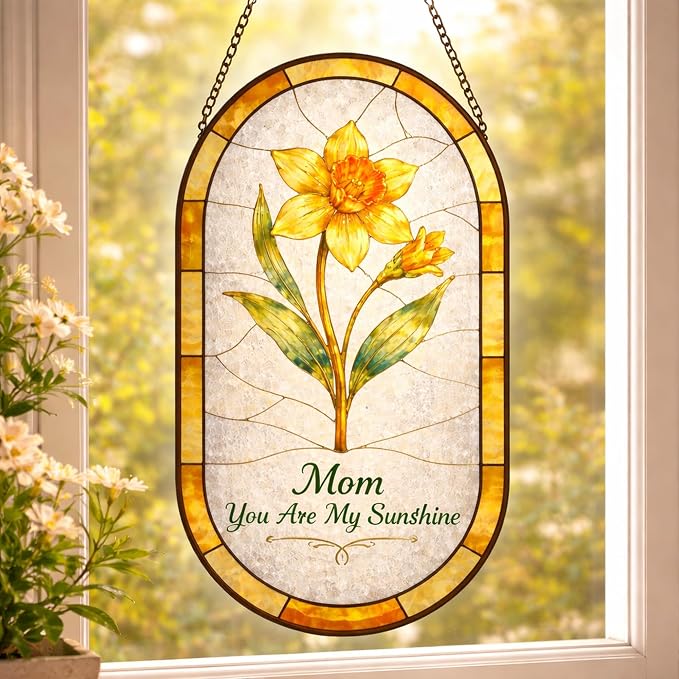 Personalized Mother’s Day Suncatcher Oval – Custom Birth Flower Suncatcher for Mom – Stained Glass Style Personalized Gift for Mom Grandma with Custom Title