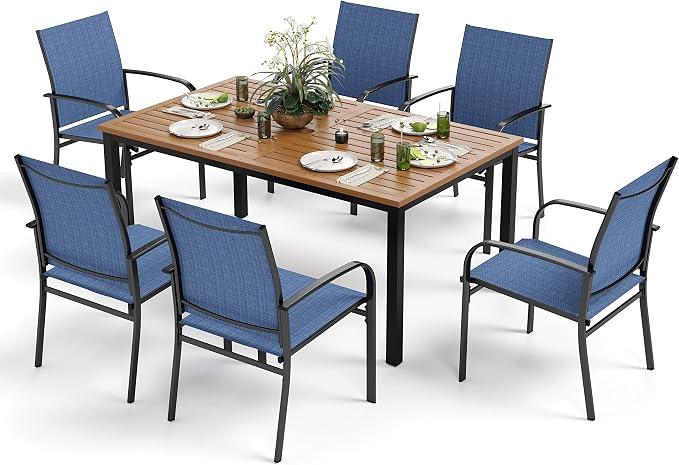 MIXPATIO 7 Pieces Patio Table and Chairs Set, Patio Dining Set for 6, 6 Textilene Chairs and 1 Wood-Like Rectangle Steel Table with Umbrella Hole, for Deck Backyard Lawn Poolside, Blue